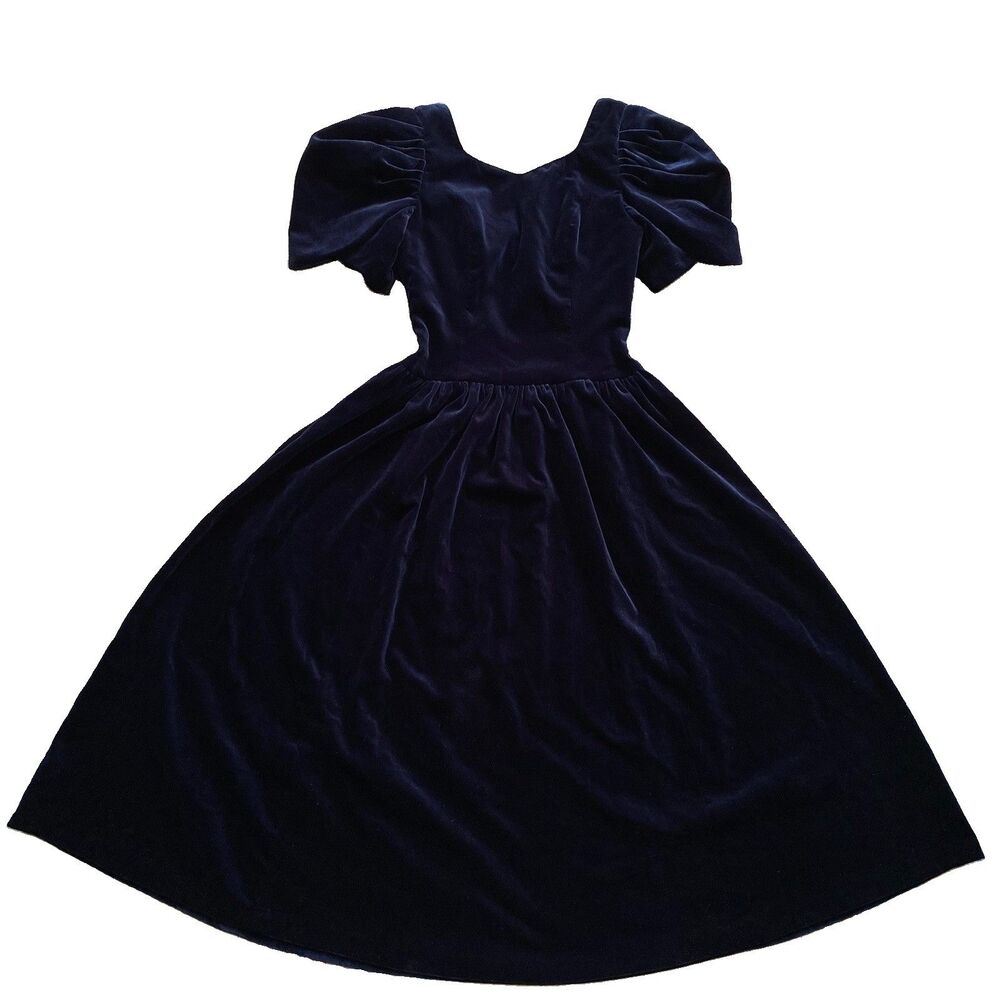 Vintage 90s Laura Ashley Velvet Dress Navy Blue Size 8 Big Bow Full Skirt